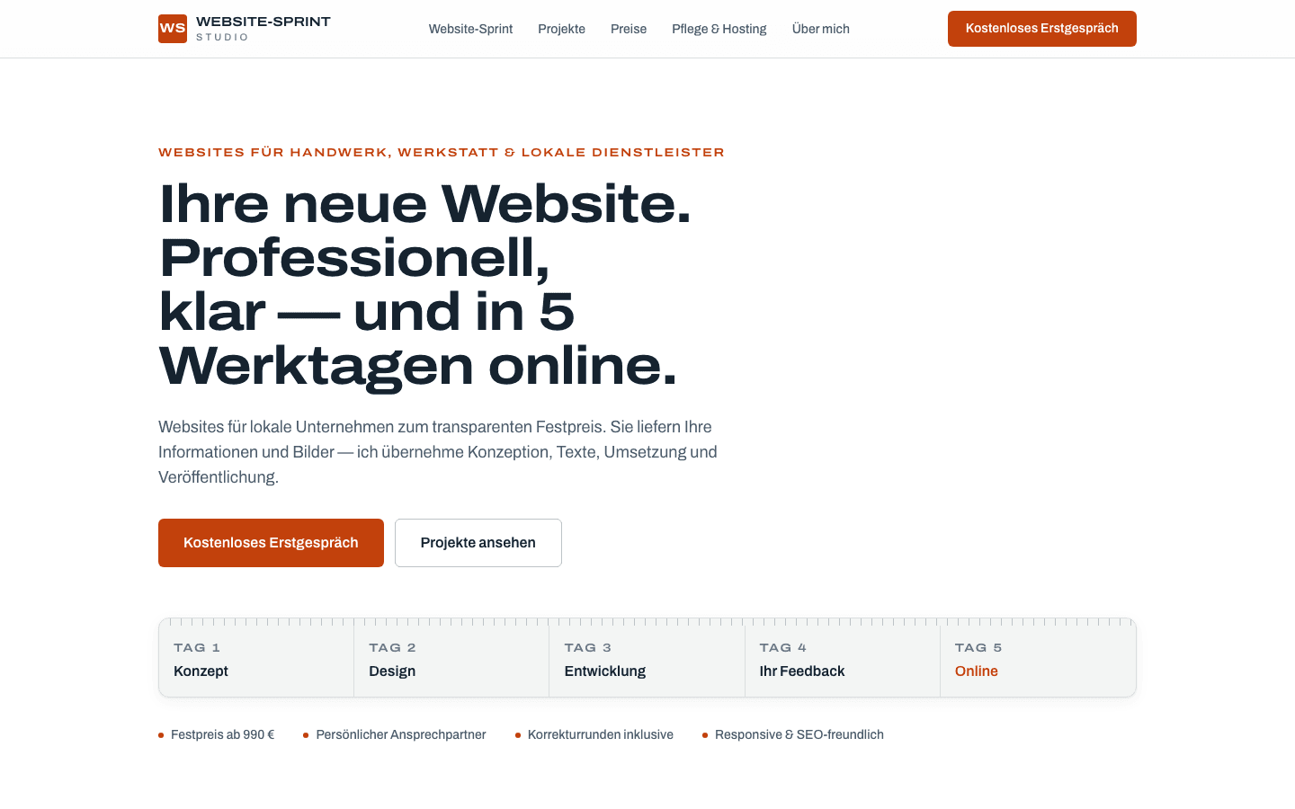 Startseite des Website-Sprint Studios mit Angebot und 5-Tage-Ablauf